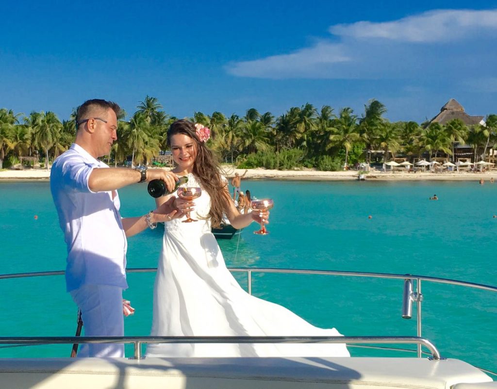 Wedding on yacht front of  Isla Mujeres North Beach